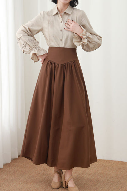 Caramel Linen Maxi Skirt - High Waist Pleated A-Line Silhouette c5452