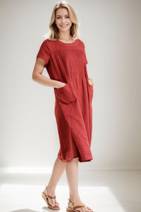 Red linen dress midi dress C283