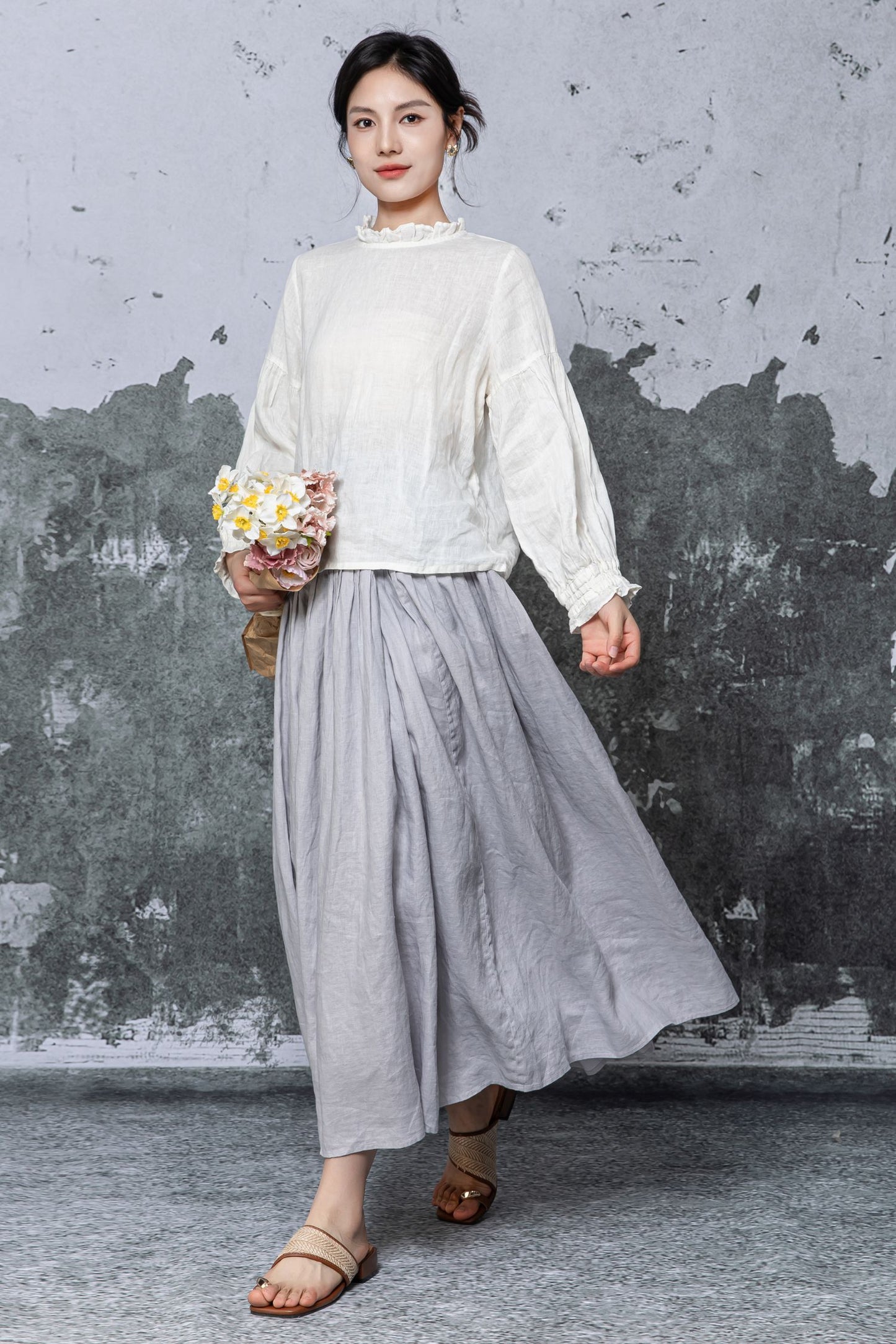 Off-White Linen Blouse - Ruffled Neck and Cuffs with Relaxed Fit c5467