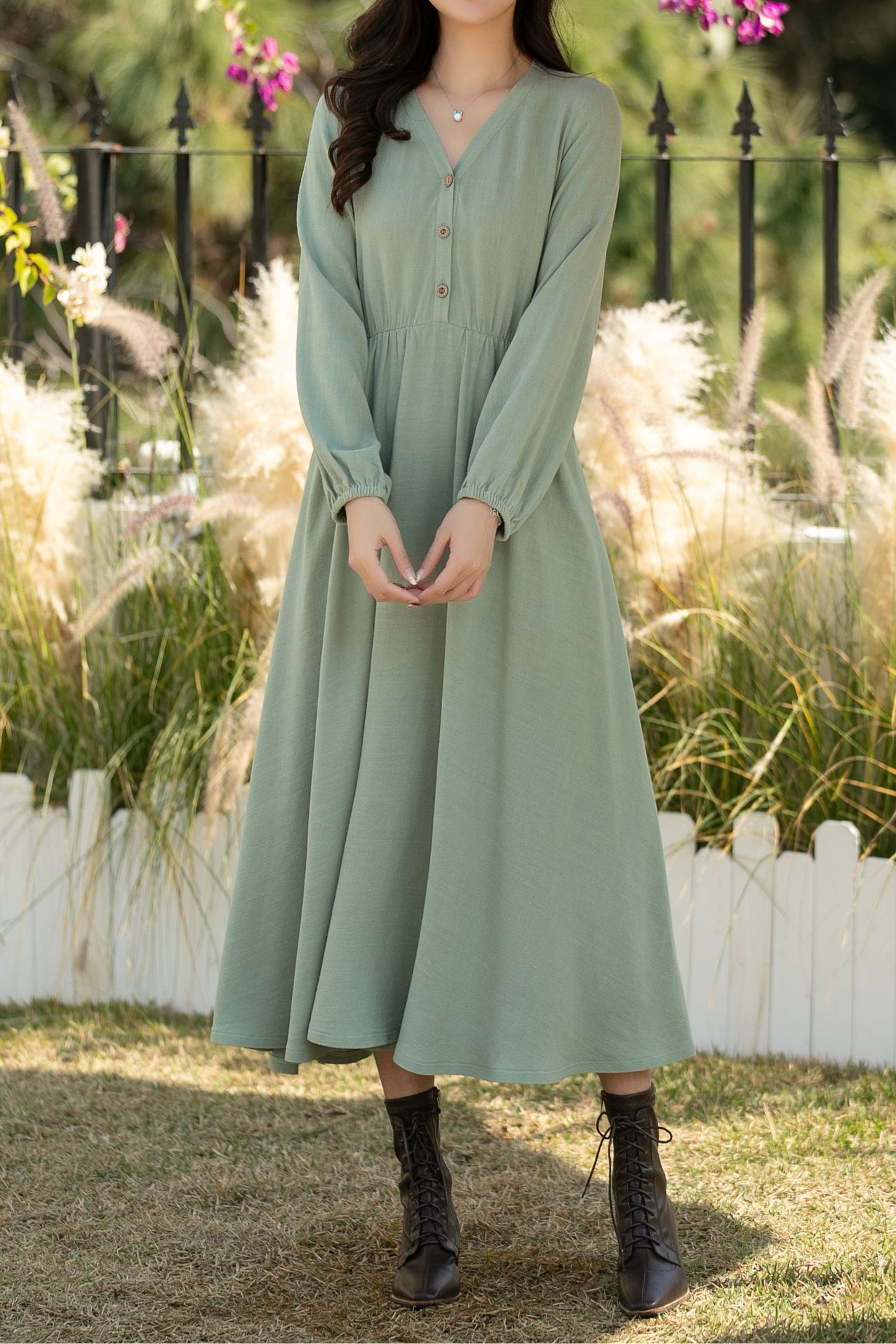 Sage Green Linen Cotton Midi Dress: Vintage Long Sleeve Button Front A-Line Dress, Ylistyle C5435