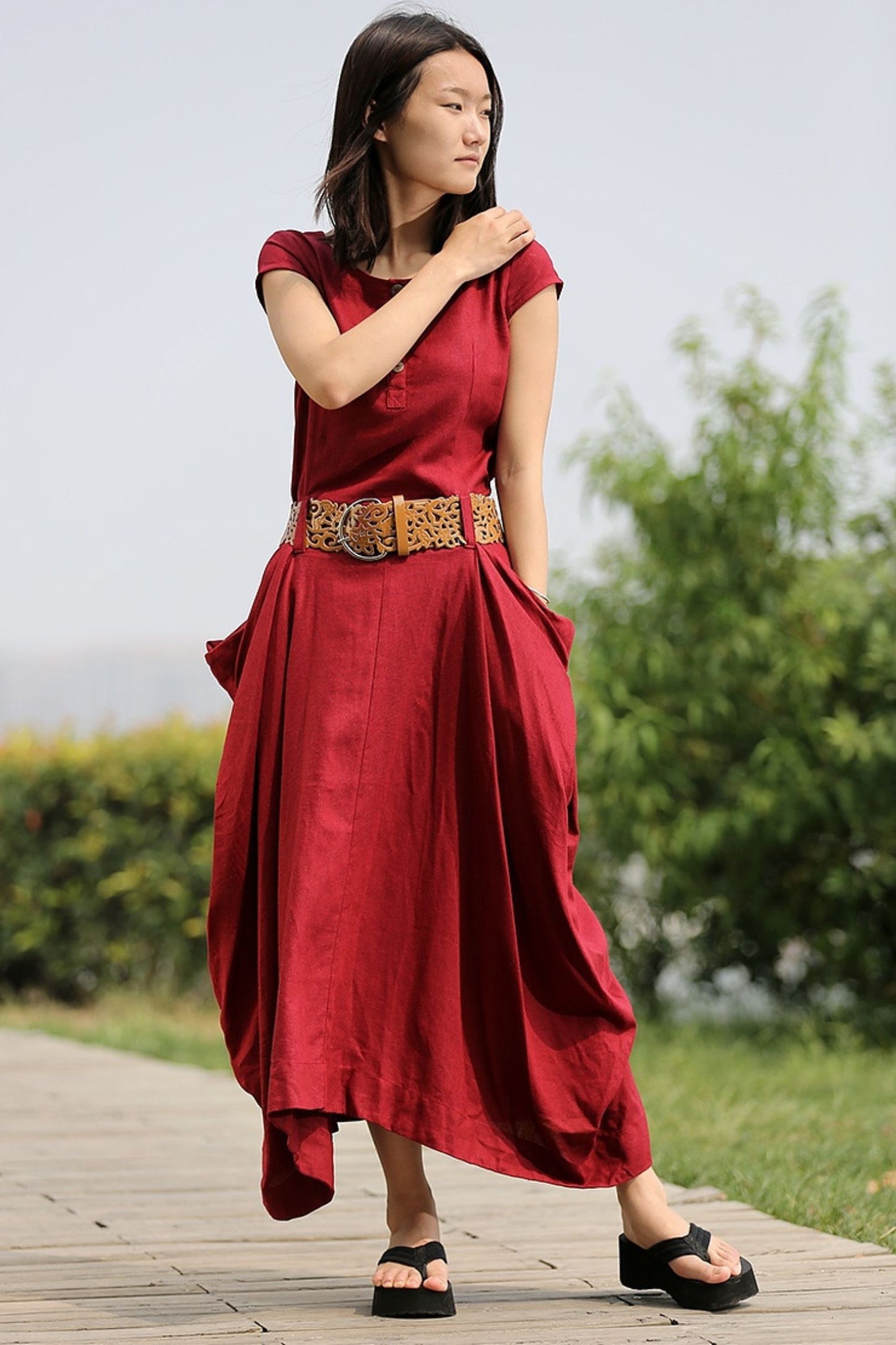 Linen Summer red womens asymmetrica dress C255