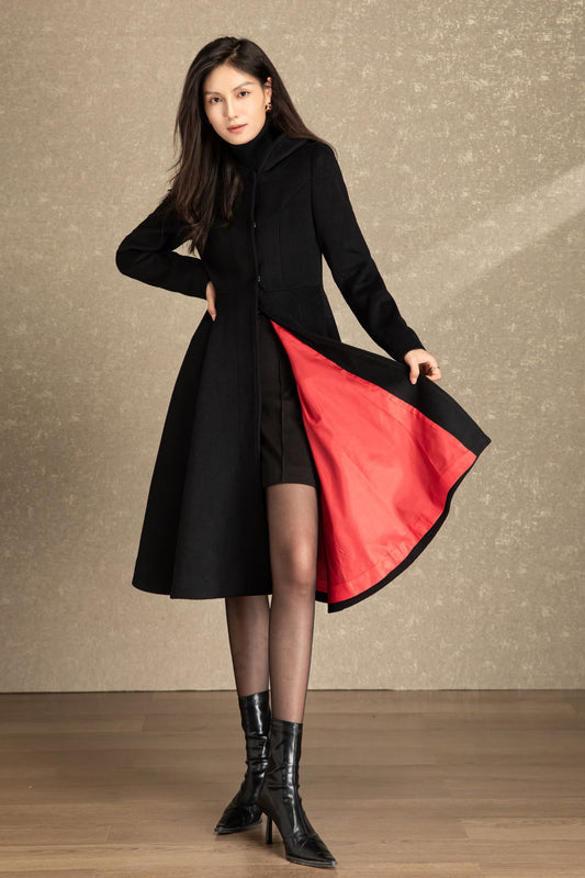 Hooded black long winter wool coat C4489