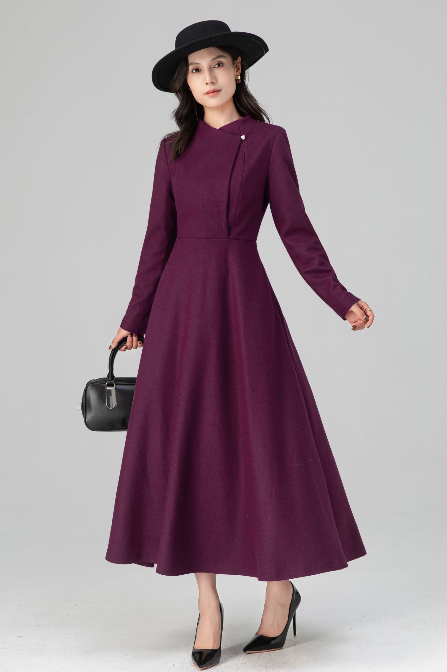 Winter Deep Purple Long Swing Wool Dress Women C5207