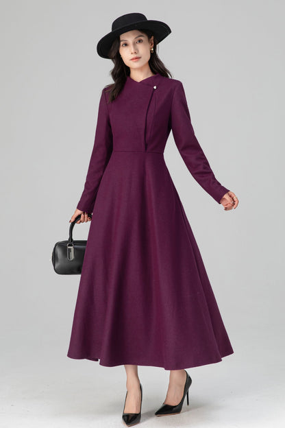 Winter Deep Purple Long Swing Wool Dress Women C5207