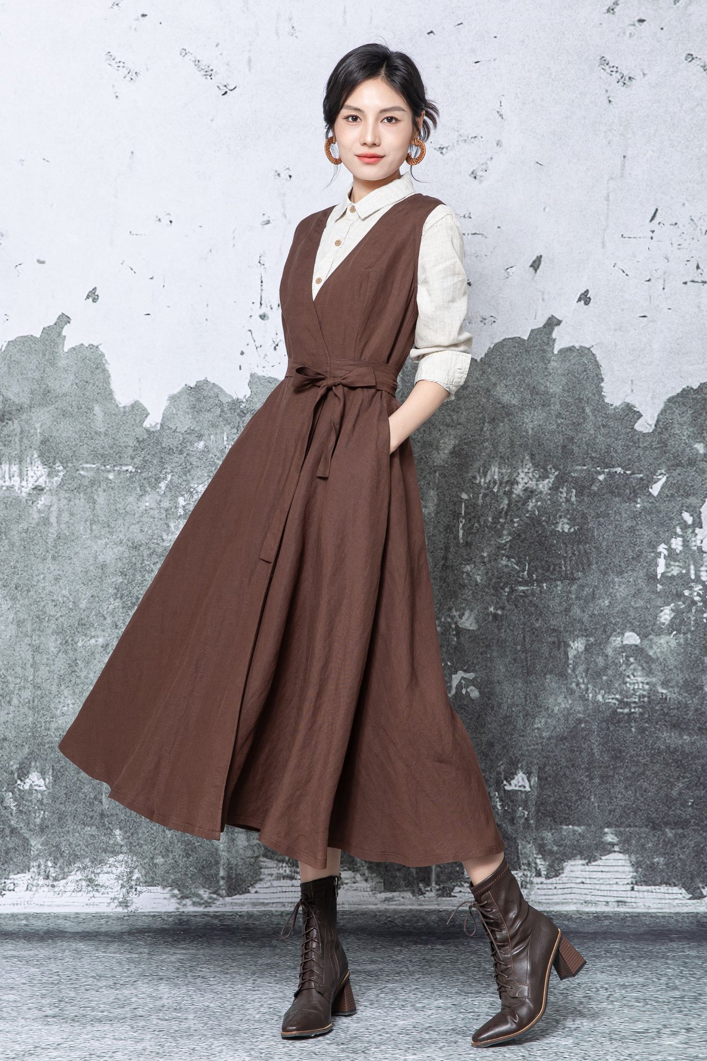 Brown Linen Wrap Midi Dress - Sleeveless V-Neck Tie Waist c5476