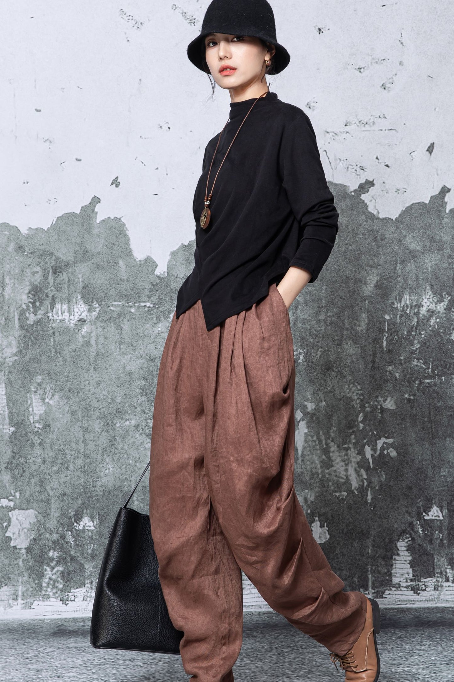 Black Cotton Blouse - Long Sleeve Mock Neck with Asymmetric Hem c5463
