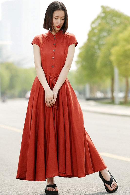 Linen maxi womens summer orange short sleeve dress C352