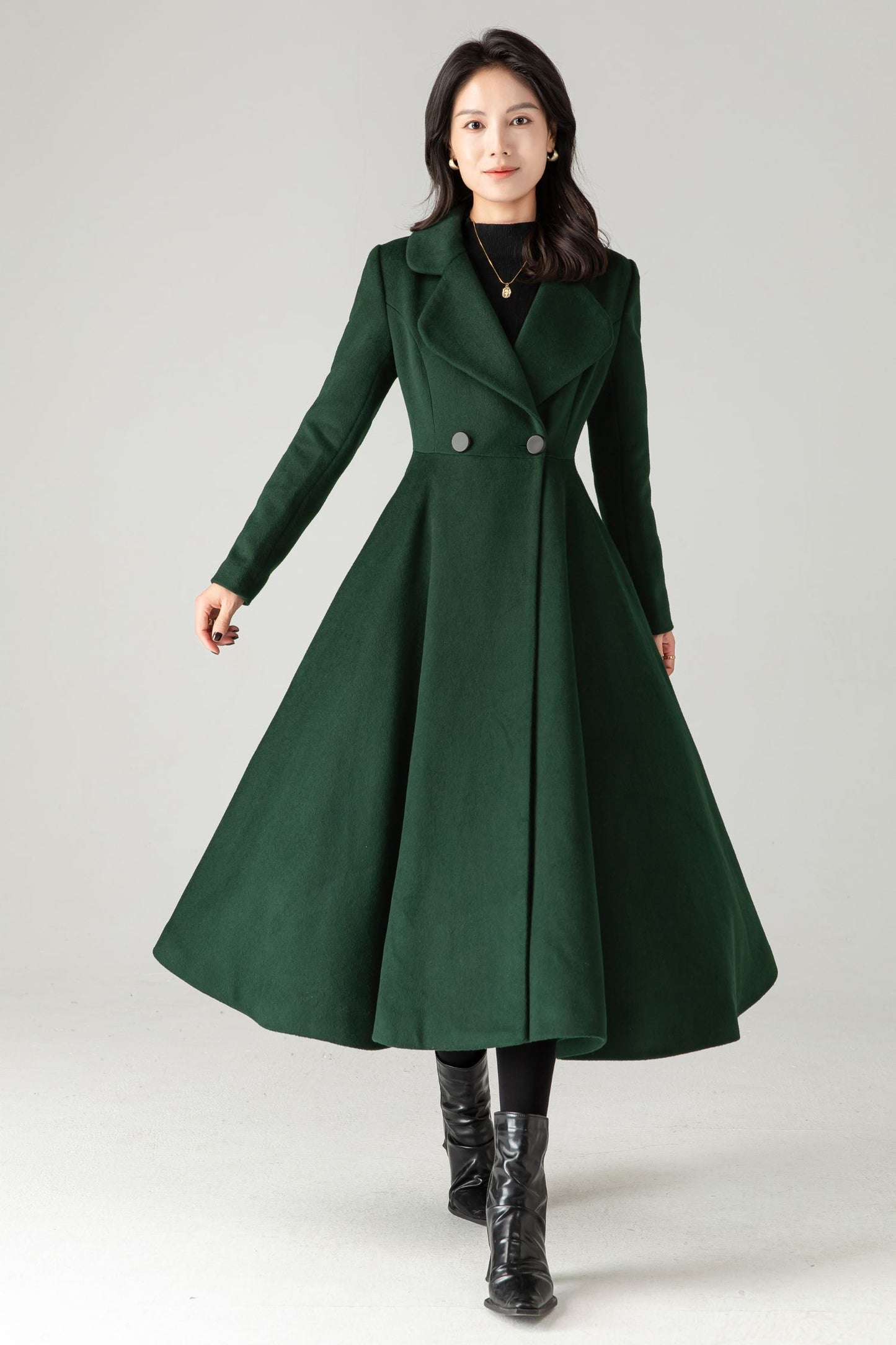 Emerald Green Wool Coat: Elegant Women's Swing Long Flared Trench Coat C5341