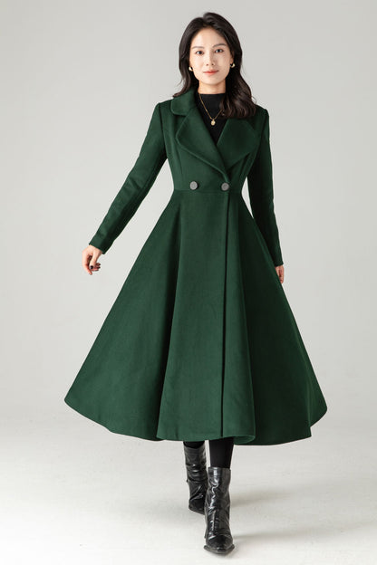 Emerald Green Wool Coat: Elegant Women's Swing Long Flared Trench Coat C5341
