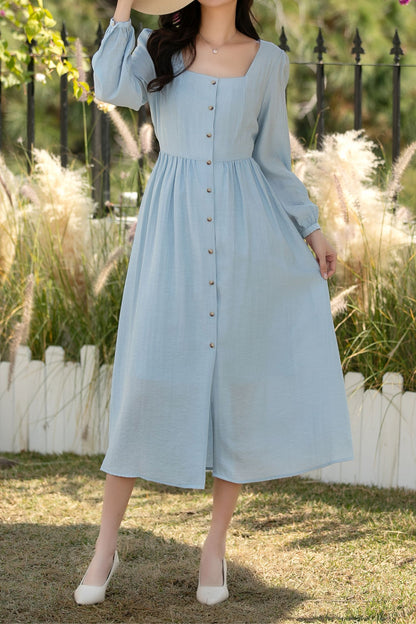 Blue Linen Midi Dress: Square Neck Long Sleeve Button Front A-Line Dress, Ylistyle C5442