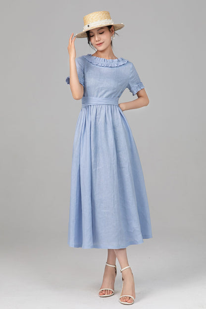 Light Blue Linen Midi Dress - Ruffle Neckline, Fit-and-Flare Silhouette c5518