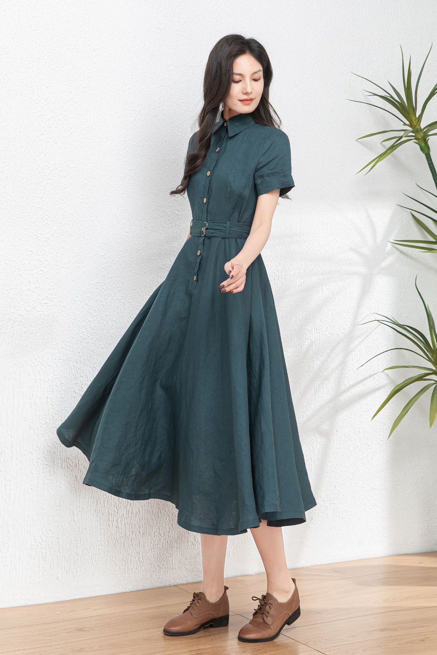 Button Front linen Midi shirt dress C4767