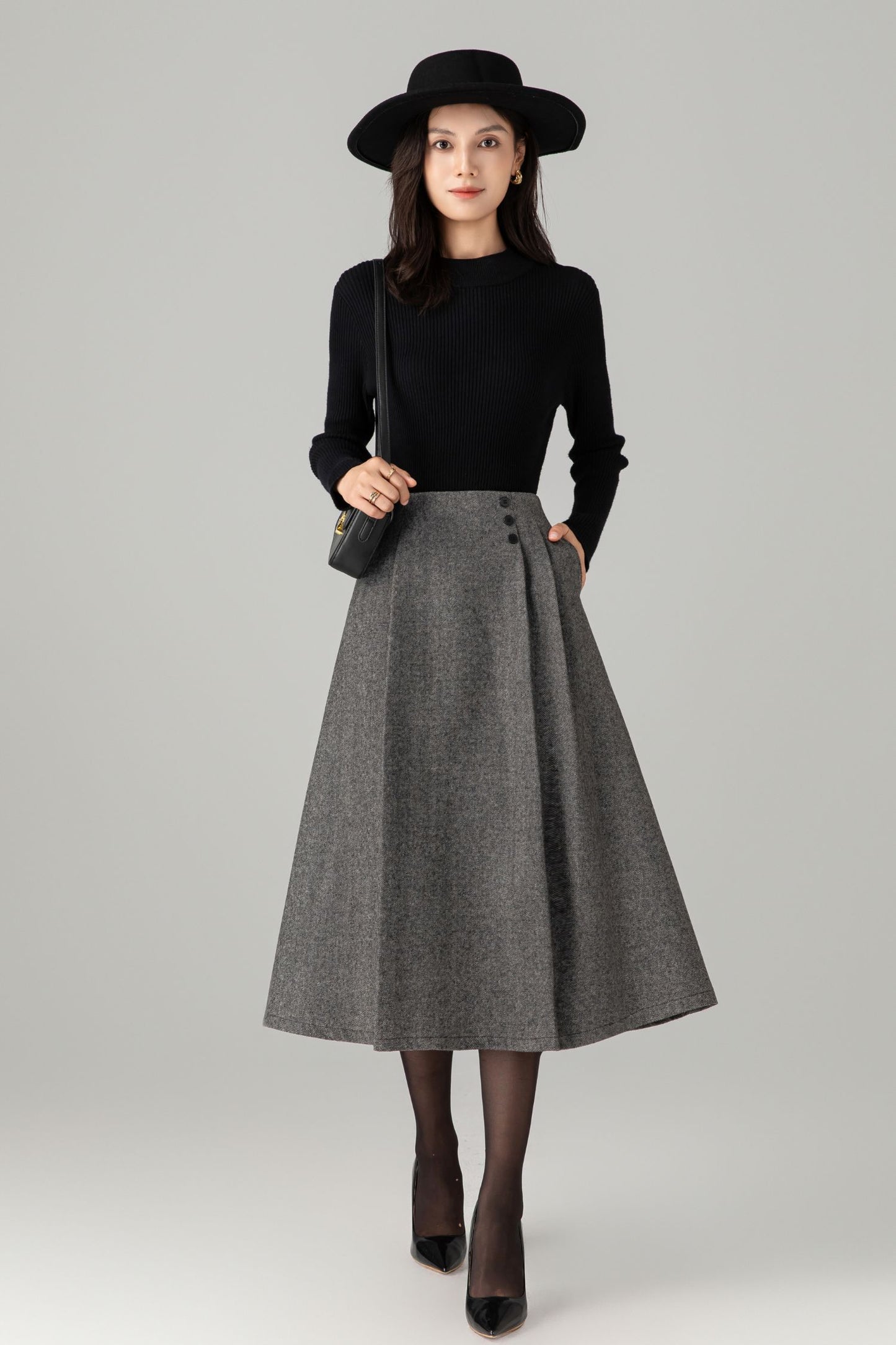 A line gray midi winter wool skirt C5277