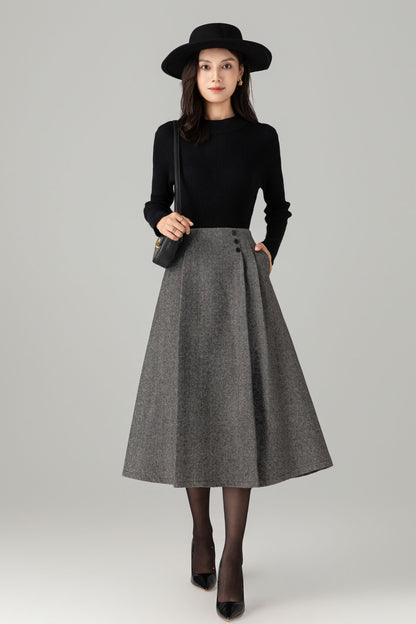A line gray midi winter wool skirt C5277