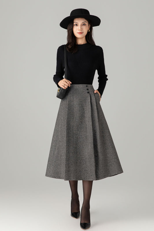 A line gray midi winter wool skirt C5277