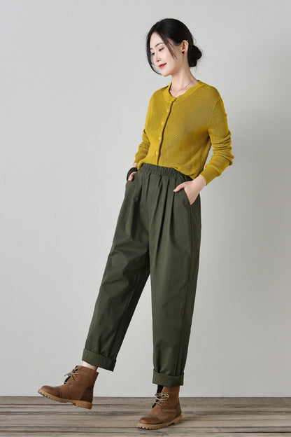 Elastic waist loose fitting cotton pants women C4701