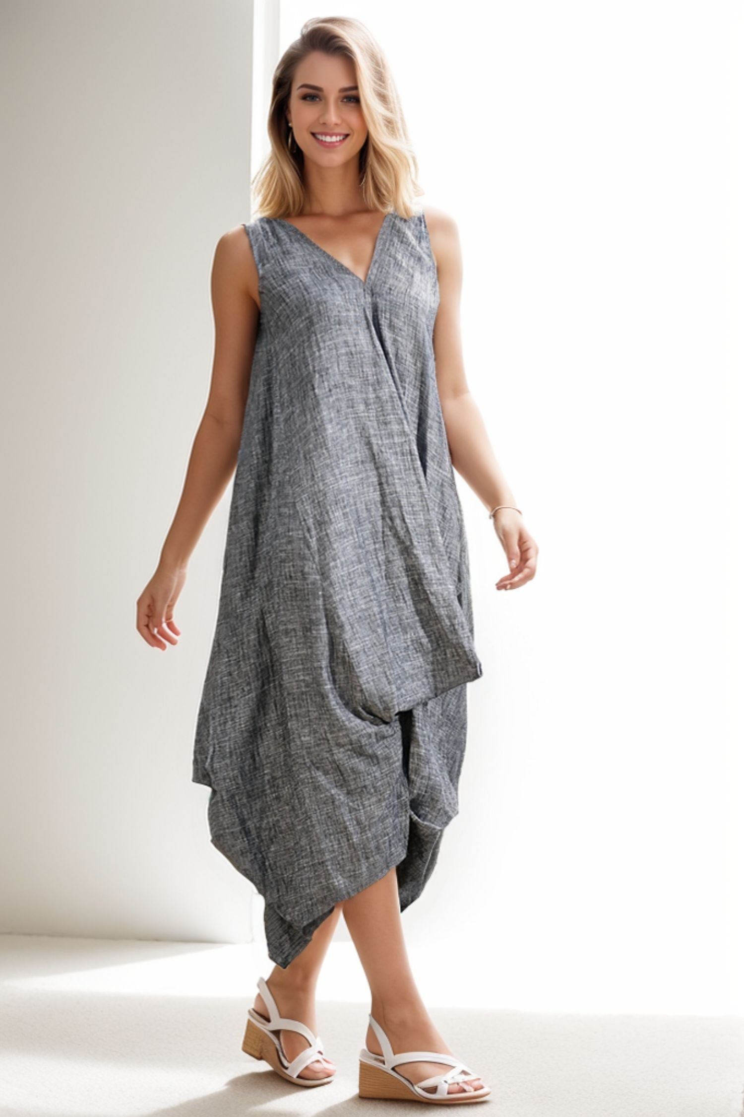 Grey Loose-Fitting V neck Linen Dress C257 YLISTYLE Grey Loose-Fitting V neck Linen Dress C257 YLISTYLE