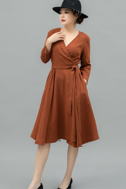 V-Neck Swing Midi linen dress with Waist Tie C4741