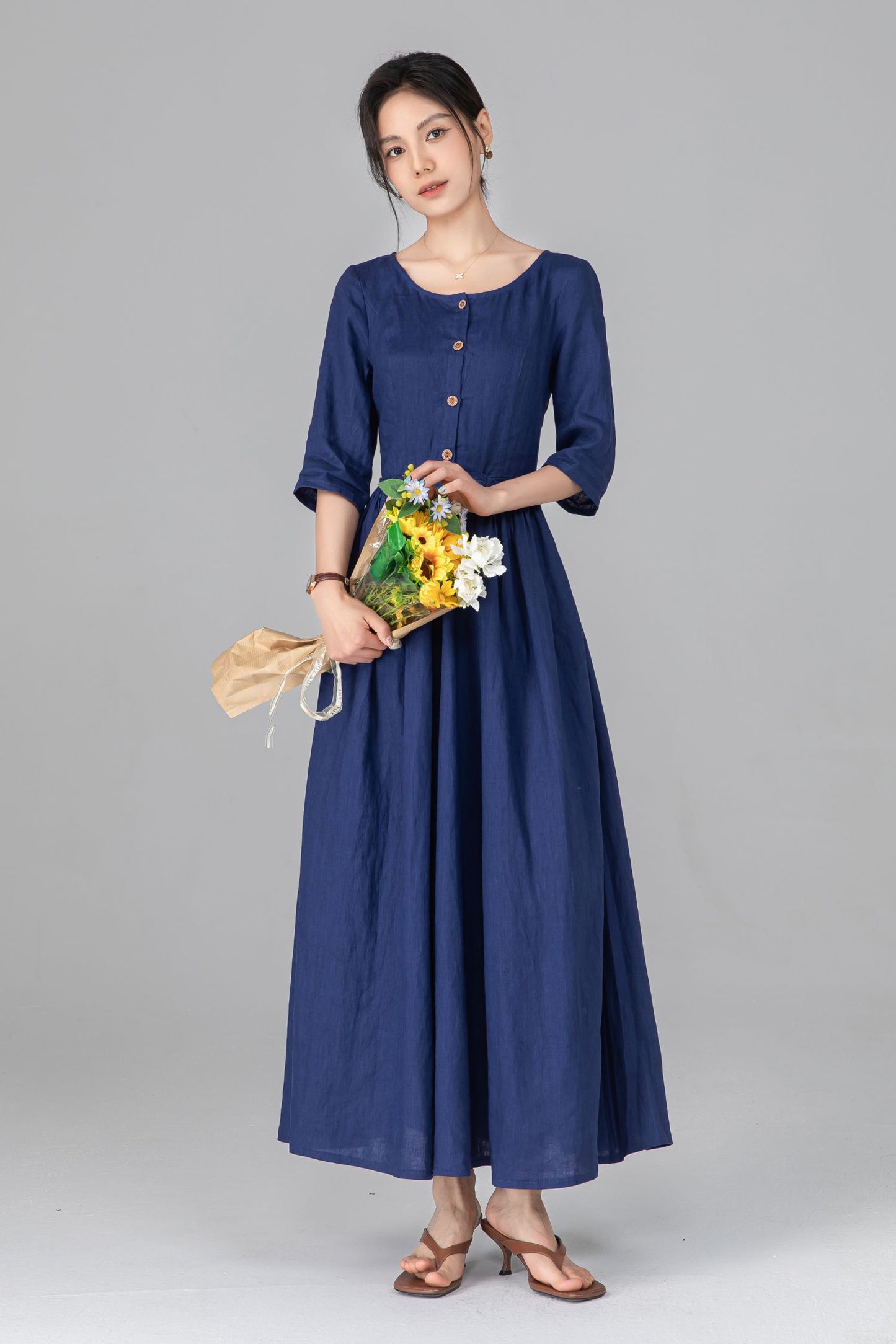Blue Linen Maxi Dress - Pleated Waist & Button Front | Ylistyle C5514