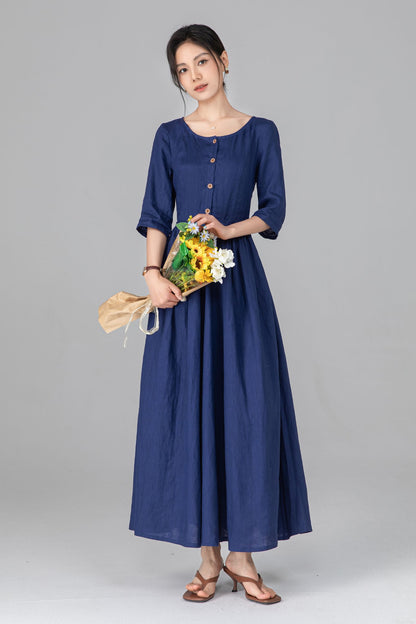 Blue Linen Maxi Dress - Pleated Waist & Button Front | Ylistyle C5514