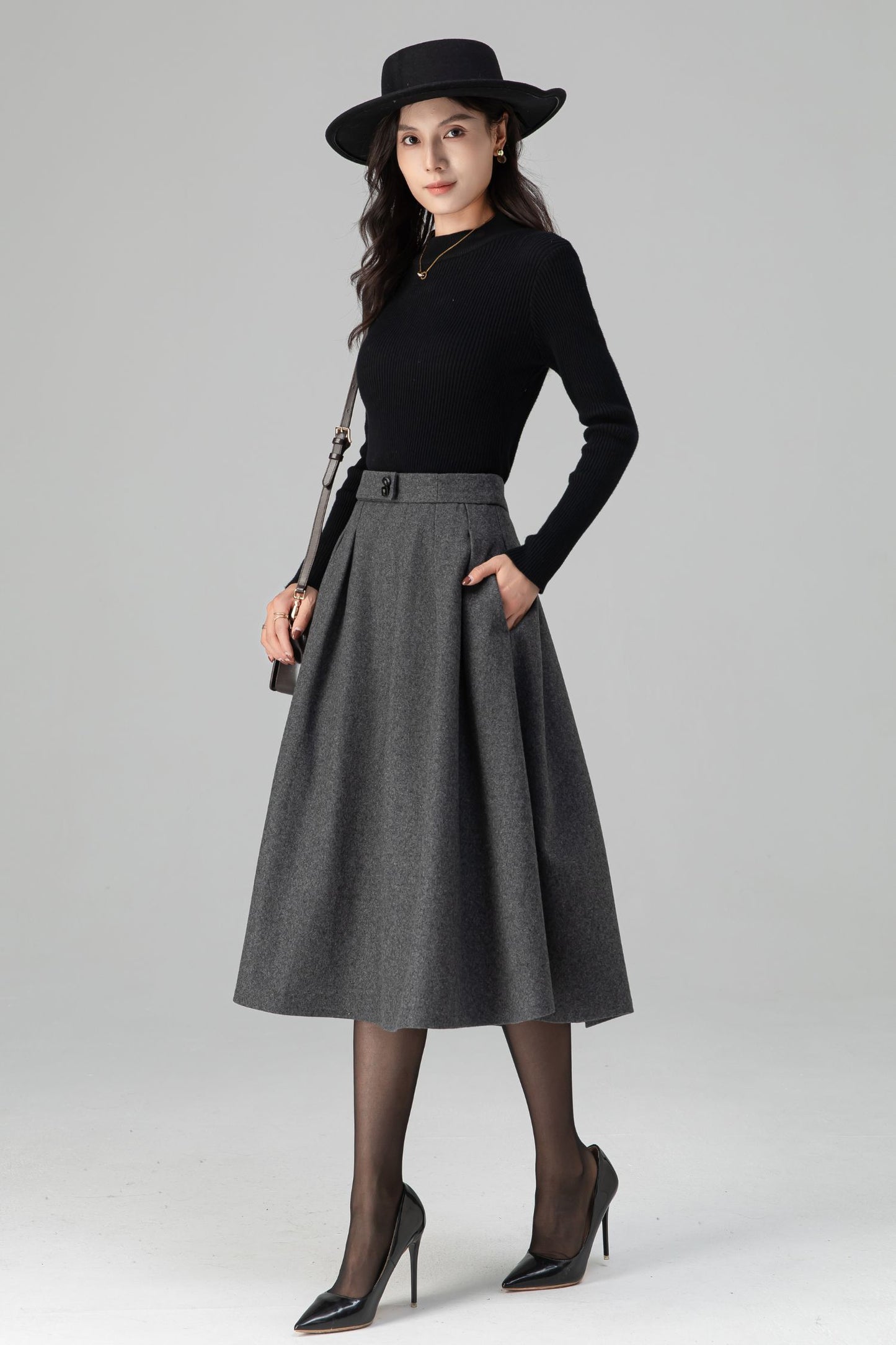 Winter Warm Pleated Midi High Waist Wool Skirt C5200