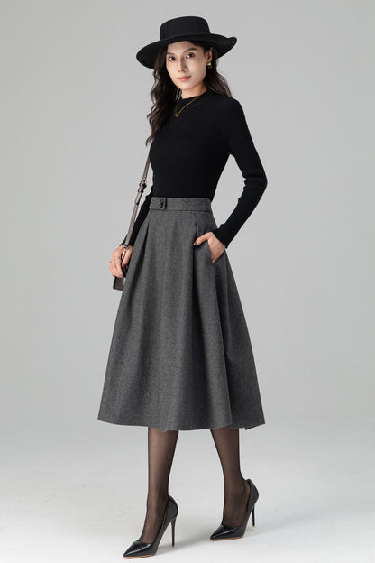 Winter Warm Pleated Midi High Waist Wool Skirt C5200