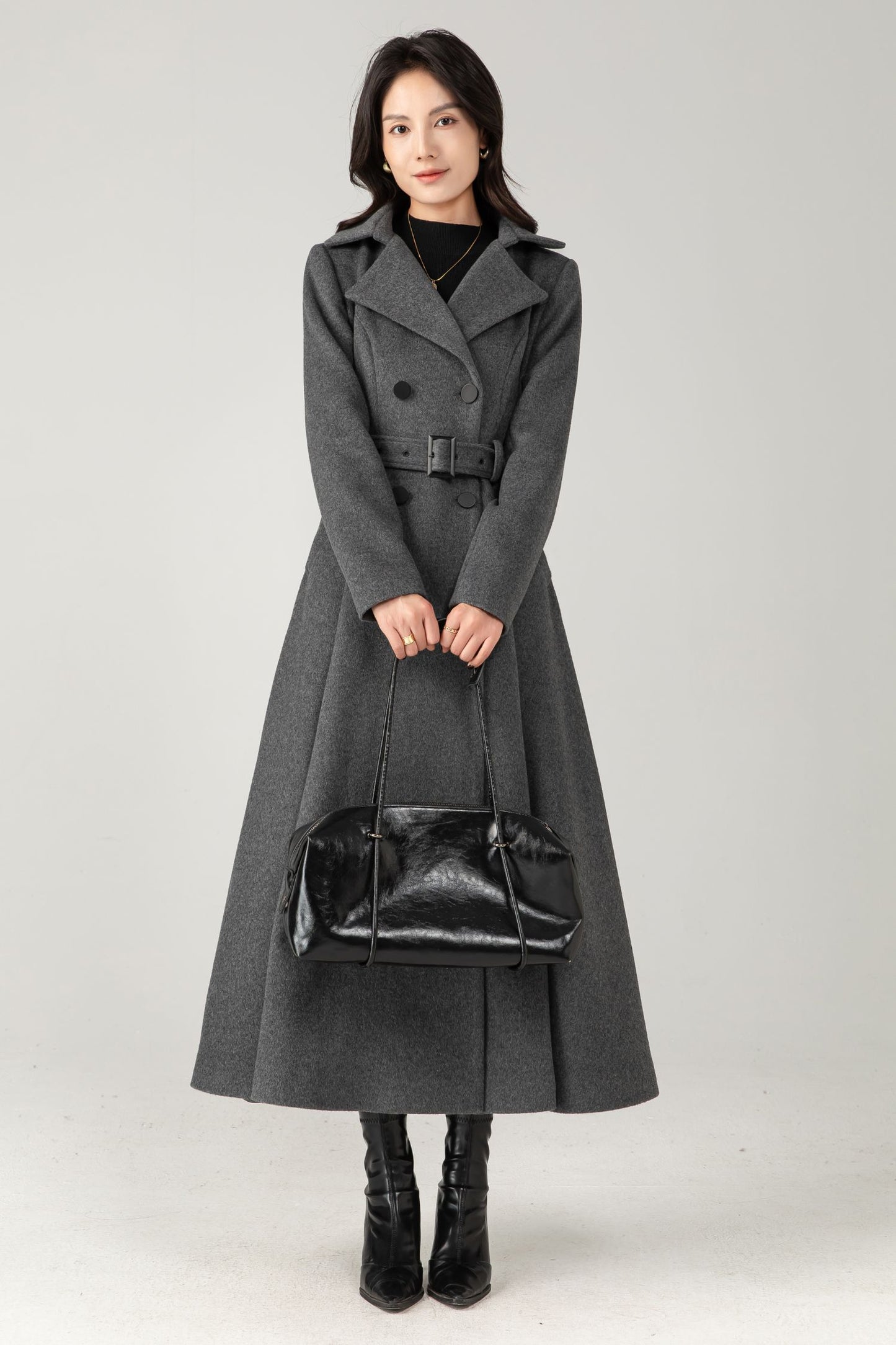Double breasted long gray winter warm wool coat C5345