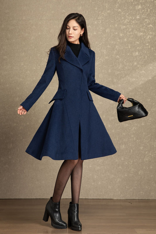 Blue fit and flare winter wool coat C4492