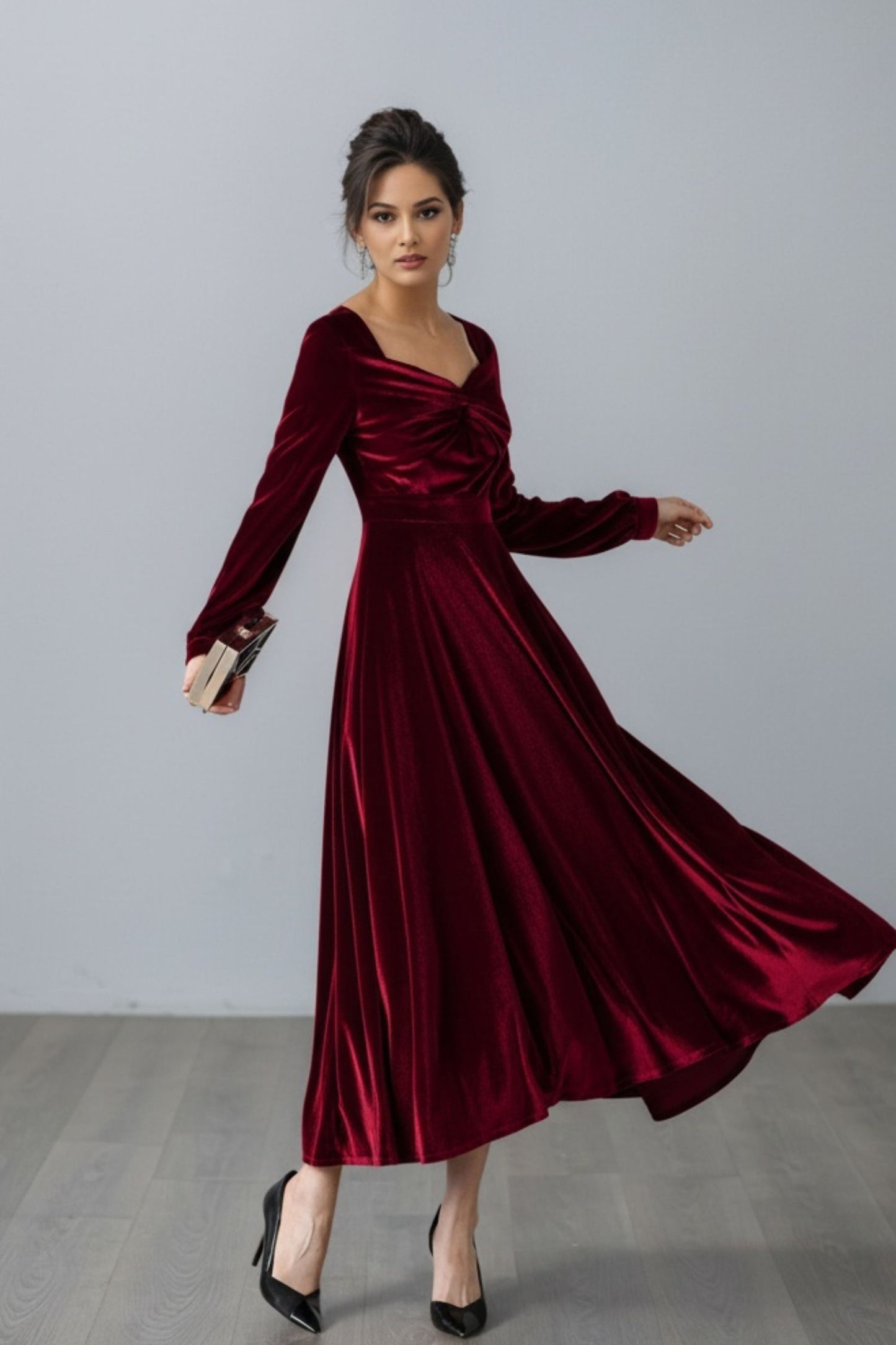 Elegant Burgundy Velvet Long Dress C5357