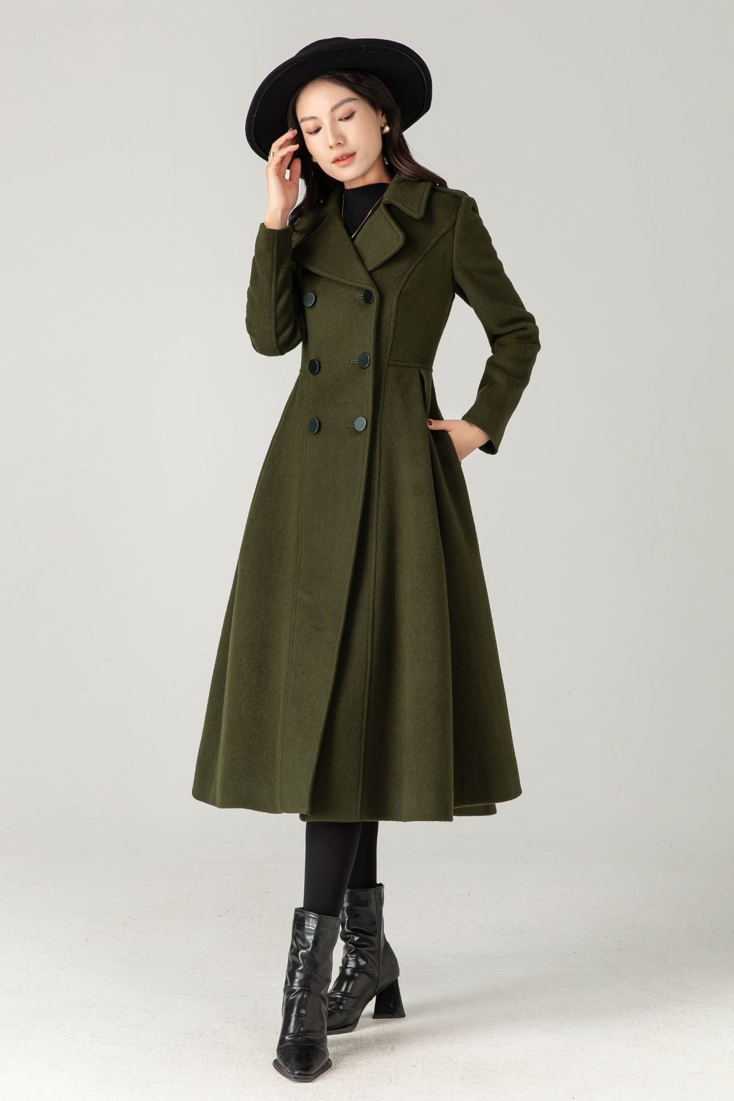 Vintage Inspired Long Princess Coat in Army Green C5342