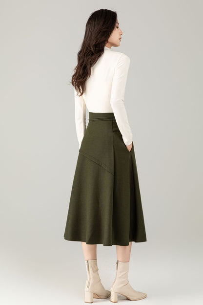 Green Wool Midi Skirt – A-Line Skirt with Pockets C5238
