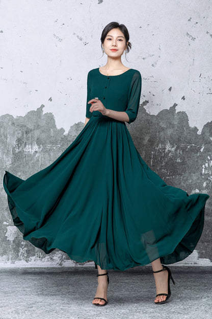 Dark Green Polyester Chiffon Maxi Dress - Pleated Fit-and-Flare with Half Sleeves c5472