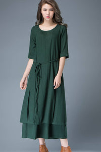 Emerald Green Loose-Fitted Layered Long Length Woman's Dress with Half Sleeves C806