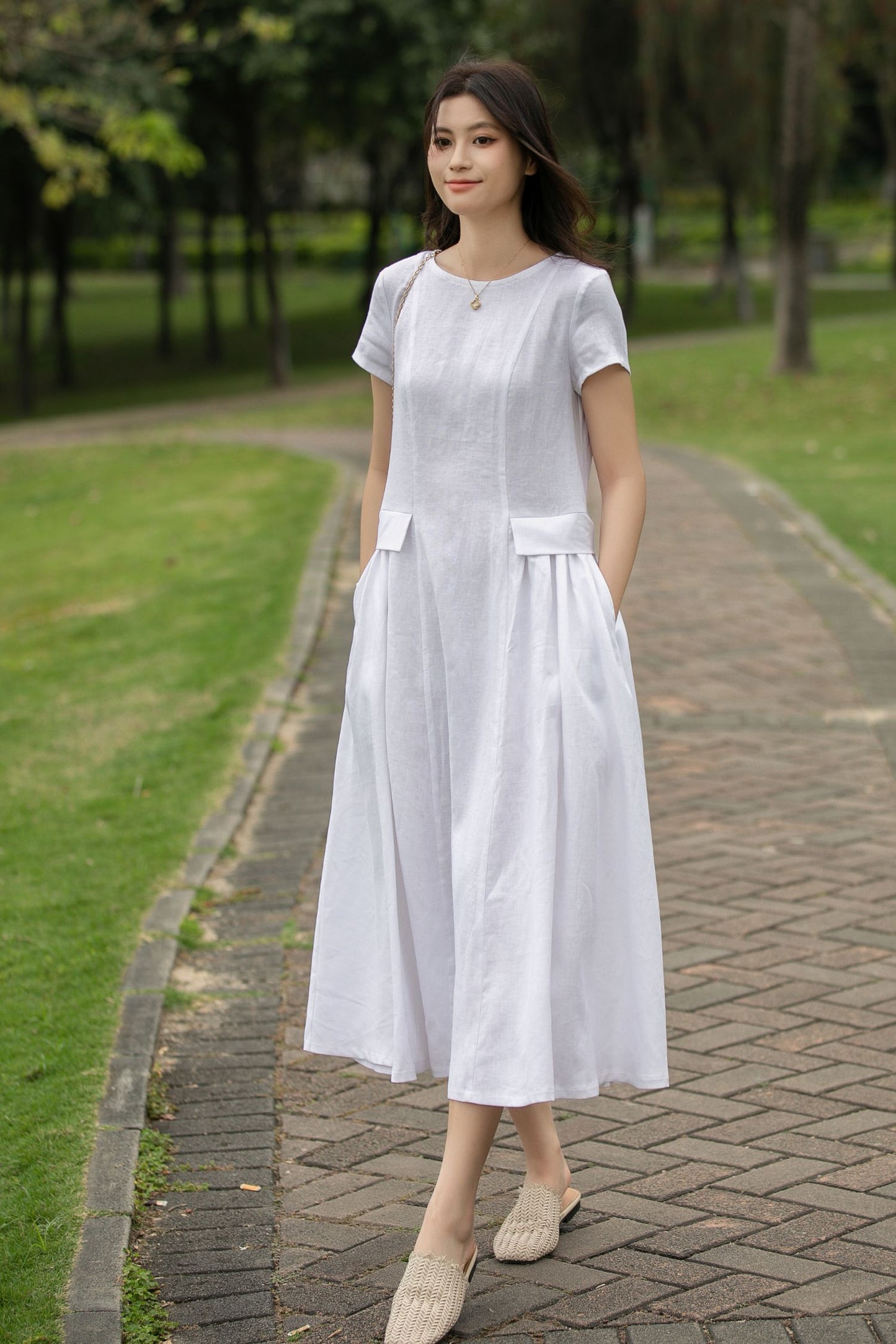 White Linen Midi Casual dress womens C4014