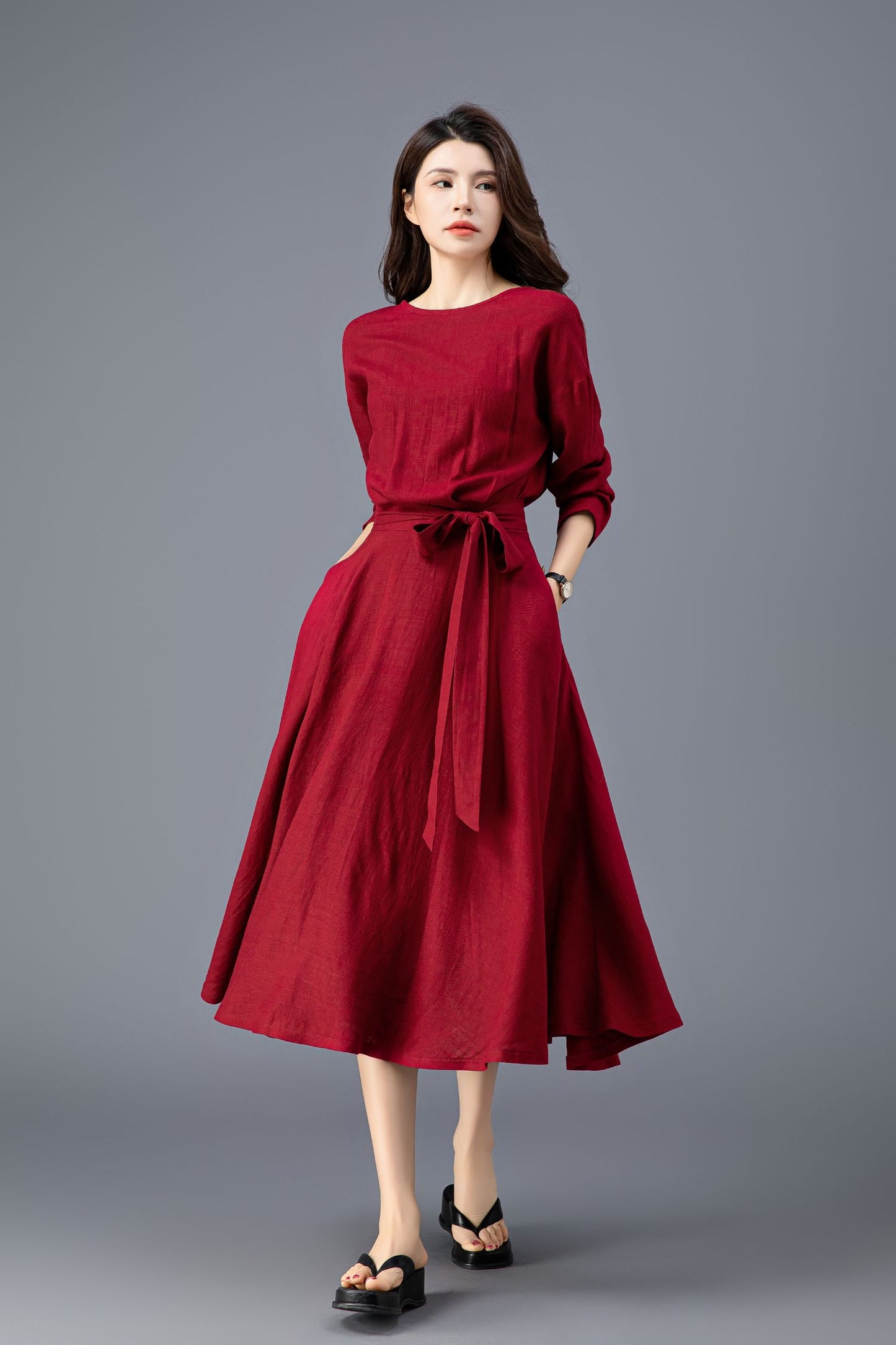 Women's Spring Burgundy Linen belted Dress C3909