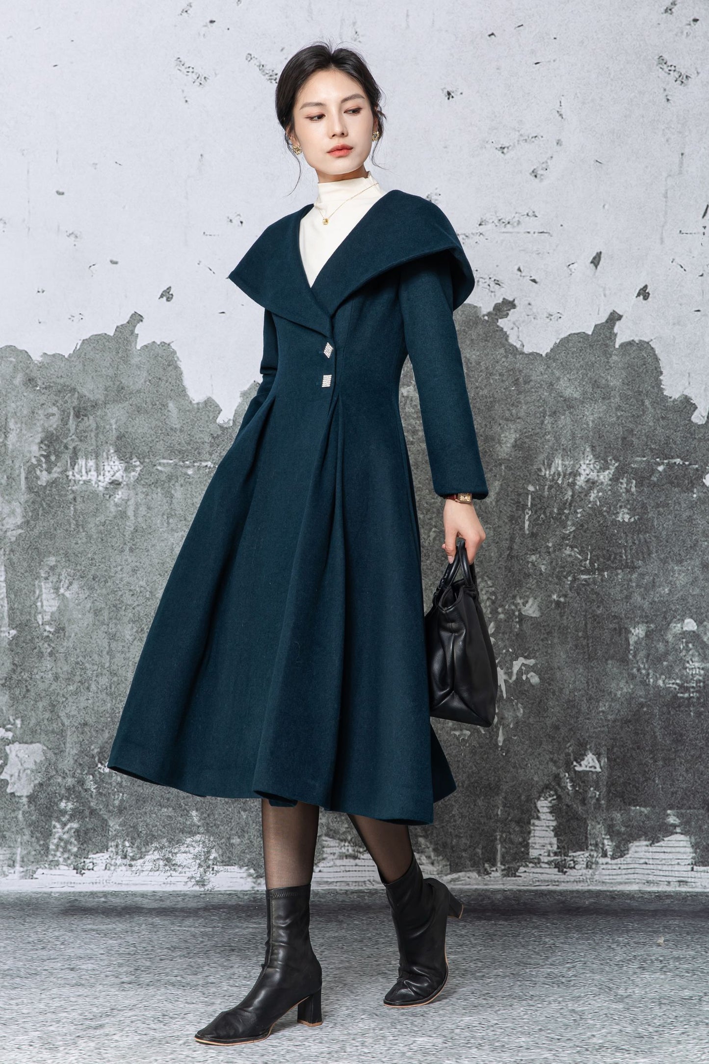Dark Teal Wool Midi Coat - Large Lapel & Fit-and-Flare Silhouette C5480