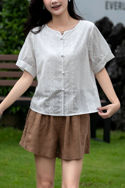 Button front white blouse top C5041