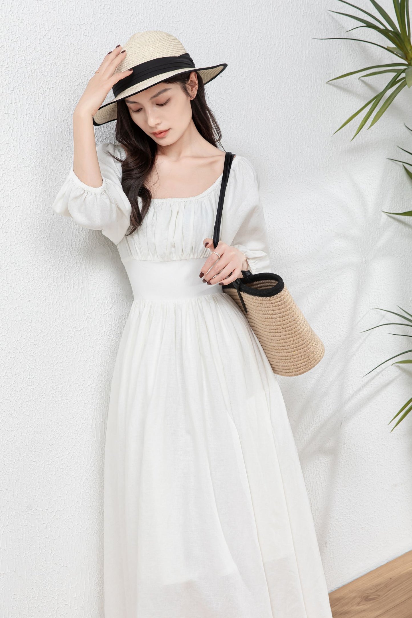 White Linen Swing Dress - Flowy Midi linen Dress C4766