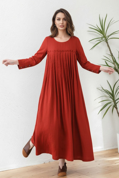 Women Brick Red Pleated Organic Linen dress C5419