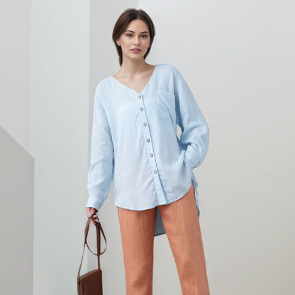 Light Blue Linen Blouse: Oversized V-Neck Long Sleeve Button-Up Top, Ylistyle C5324