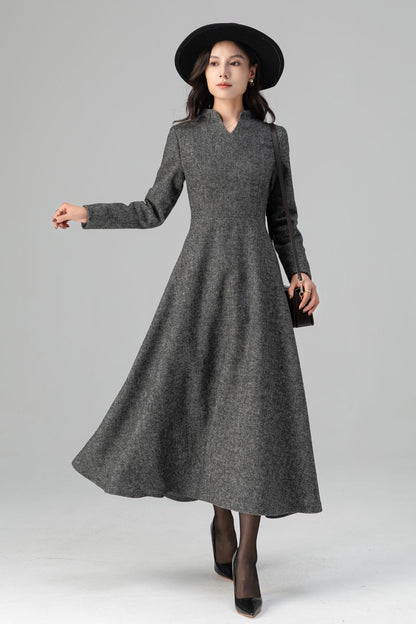Warm Grey Long Sleeves Wool Maxi Dress C5204