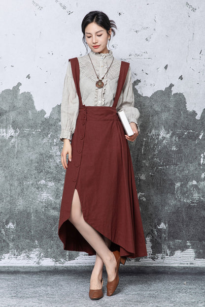Rust Linen Midi Pinafore Dress - Asymmetric Hem with Pockets c5464