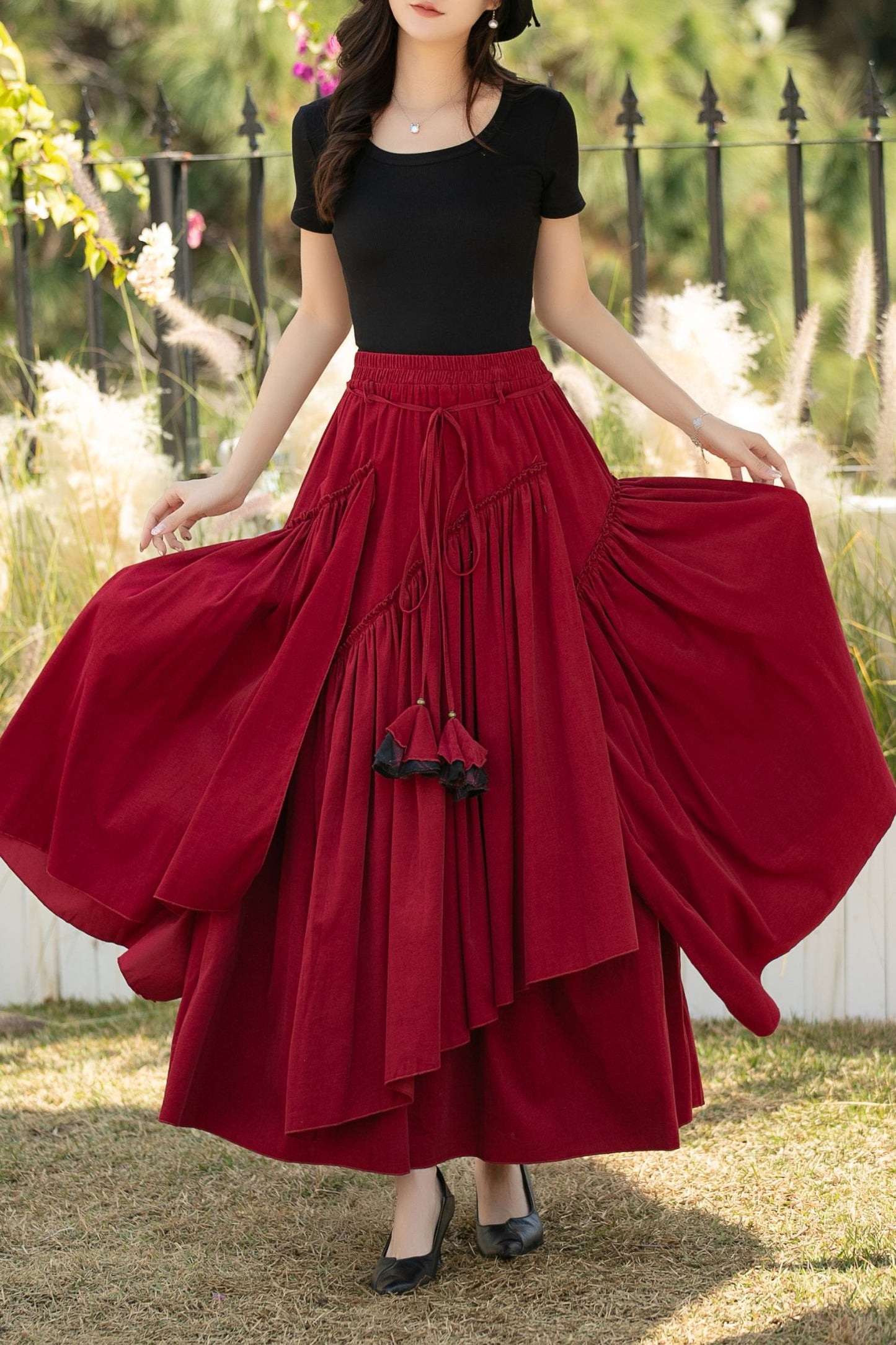 Red Corduroy Maxi Skirt – Elastic Waist Handmade Cotton Boho Skirt, Ylistyle C5441
