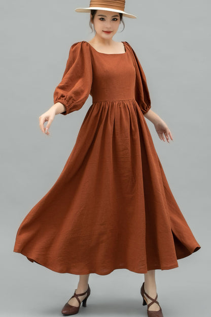 Puffy Sleeve womens long Linen Dress C4742