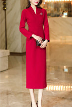 Load image into Gallery viewer, Women&#39;s Red Long Sleeves wool Dress C4171
