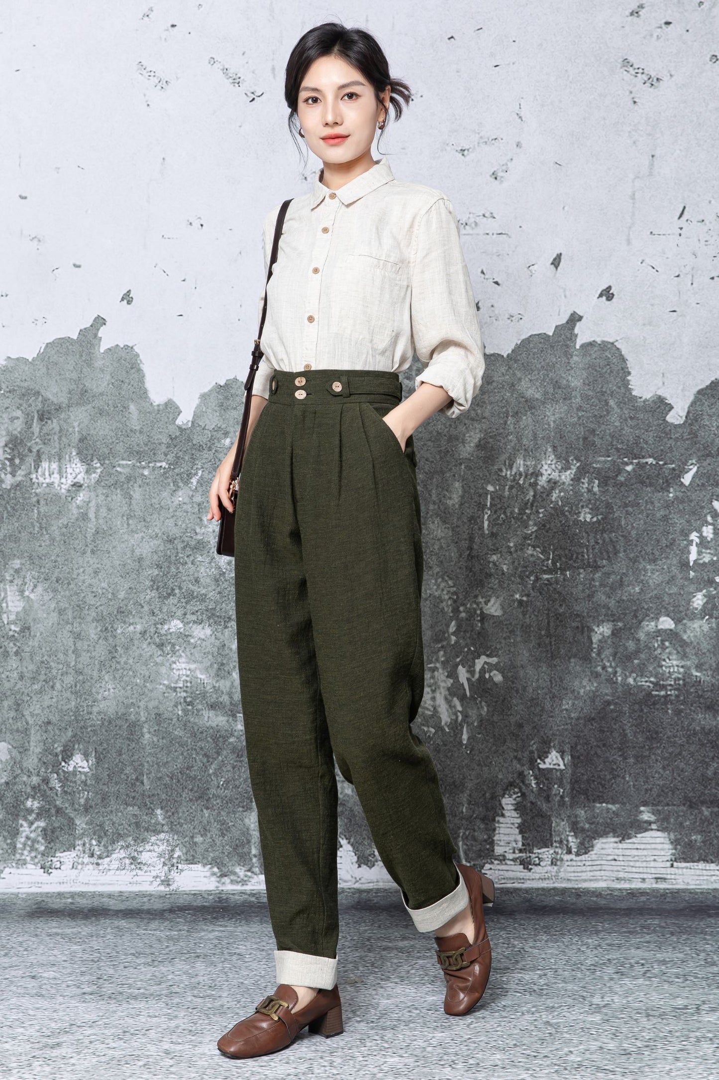 Olive Linen Blend Wide Leg Trousers - High Waist Relaxed Fit c5477