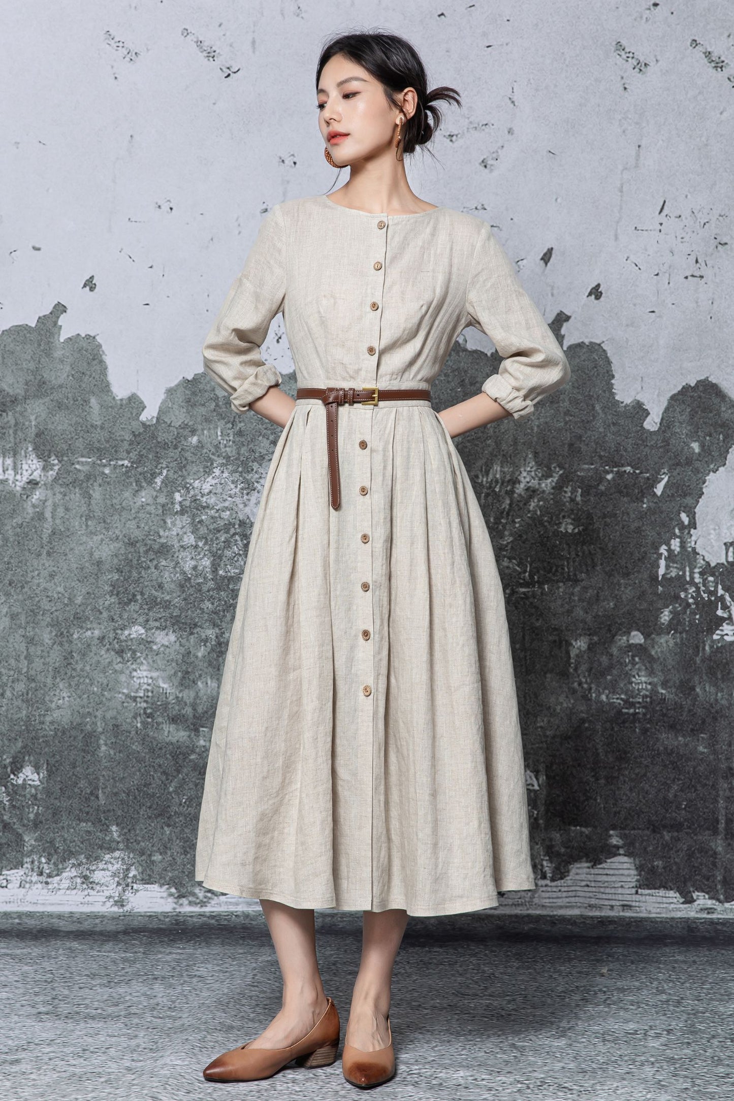 Beige Linen Midi Dress - Button Front Pleated A-Line Silhouette c5469