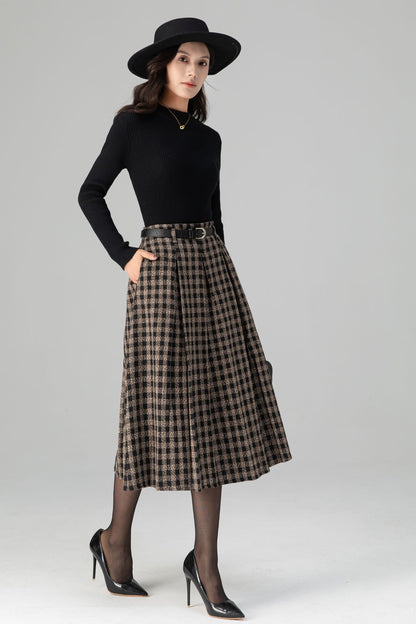 Vintage Pleated Midi Plaid Wool Skirt C5198