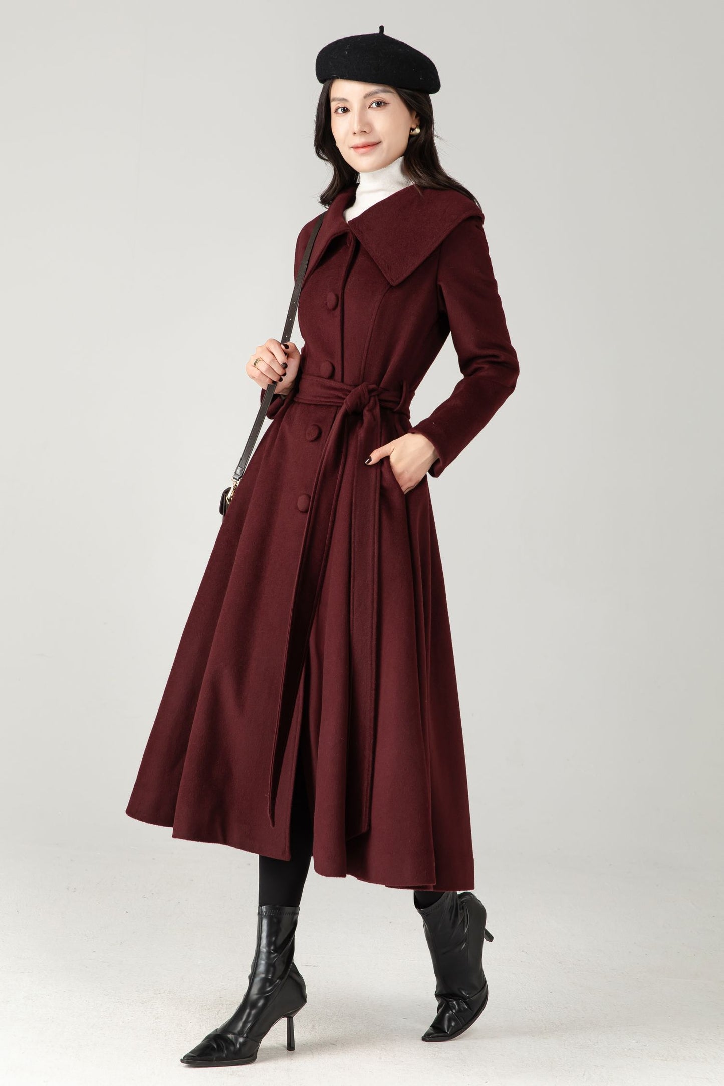 Burgundy Wool Blend Midi Coat: Belted Winter Swing Coat C5337