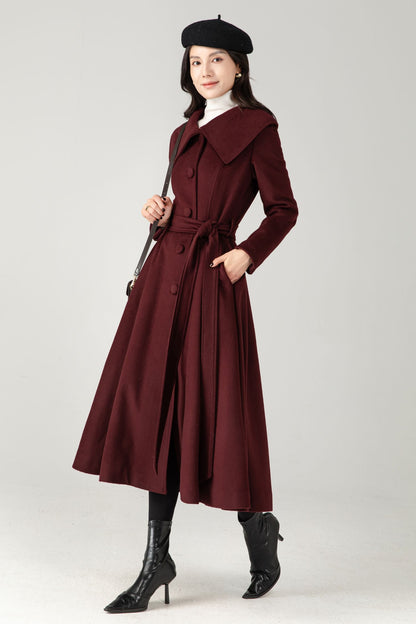 Burgundy Wool Blend Midi Coat: Belted Winter Swing Coat C5337